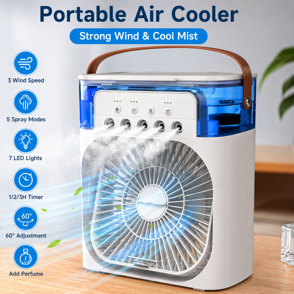Portable Mini Air Cooler Fan with Humidifier, LED Lights & 3-Speed Cooling